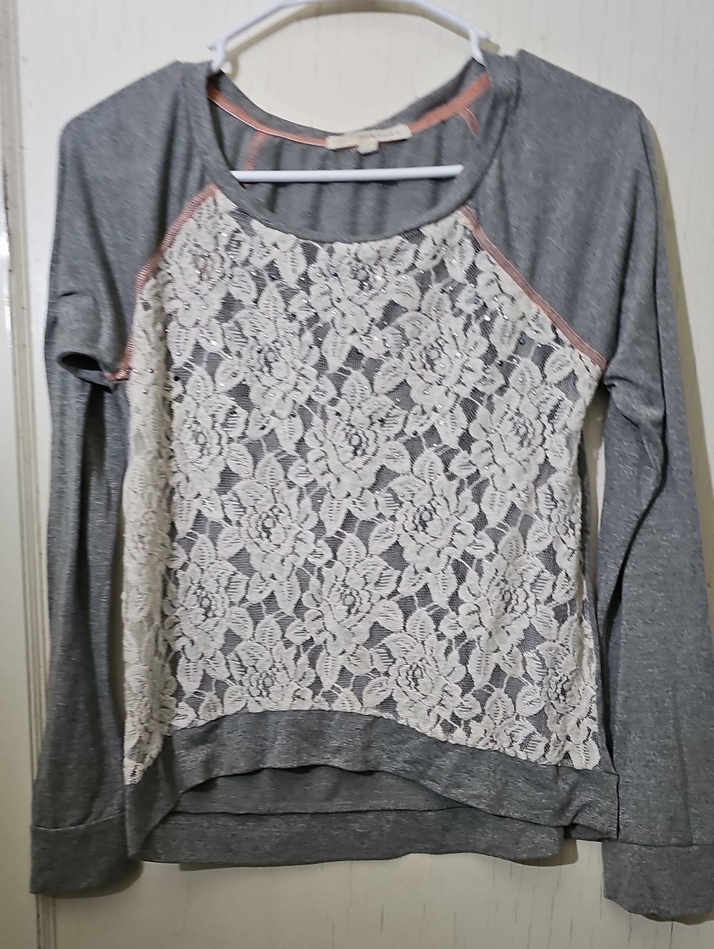 Women's Gray Lace Front Long-Sleeve Top